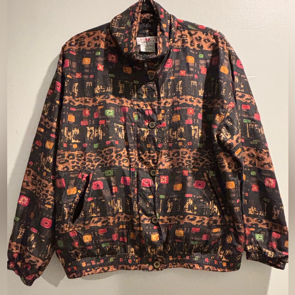 Vintage Stunt Sports 100% Silk Bomber Jacket Size Large Abstract/Animal Print